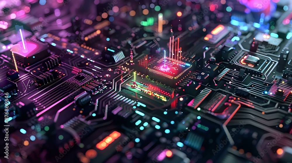 Poster a sci-fi electronic circuit board with holographic elements, pulsating multicolored lights, and floa