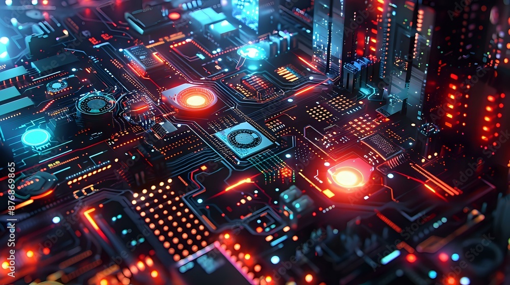 Poster a sci-fi electronic circuit board with holographic elements, pulsating multicolored lights, and floa