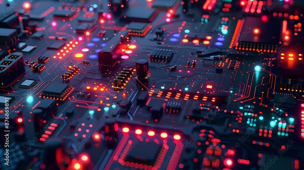 Poster a sci-fi electronic circuit board with holographic elements, pulsating multicolored lights, and floa