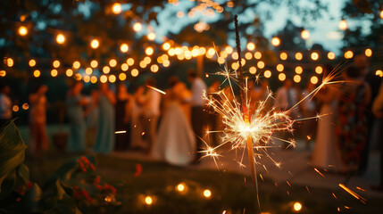 A brightly lit sparkler in the foreground, casting a warm glow, with a festive backyard wedding party in the background. memorial. independence