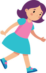 Walking girl in pink shirt and blue skirt