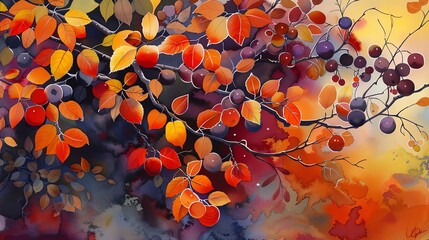 Plum leaves, dark and rich, orchard scene, Watercolor style