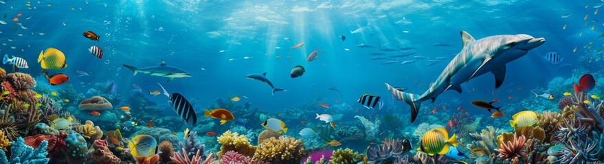 Fototapeta premium Beautiful coral reef set against a background of marine tropical fish including whale sharks, hammersharks, Zebra sharks, and sea turtles