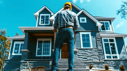 Construction worker in a yellow helmet standing in front of a modern house, holding shovels. The house showcases a contemporary design with large windows.