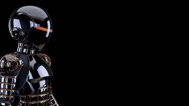 Futuristic Robotic Humanoid with Metallic Finish and Neon Light Accents on Black Background