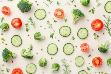 Vegetables food pattern made of broccoli, Brussels sprouts, cucumber, cut tomatoes, herbs, light pastel background. Minimal flat lay design about nutrition, healthy eating, diets, vitamins. Top view