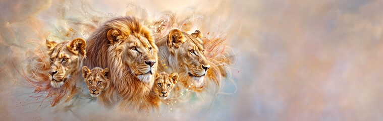 Fototapeta premium Majestic Lion Family Portrait: Artistic Depiction of a Lion Pride with Cubs. World Lion day, banner