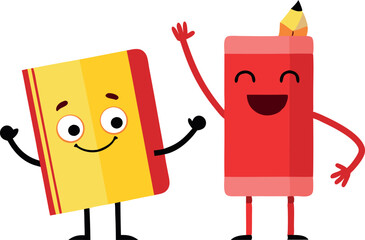 Happy pencil and eraser cartoon characters waving