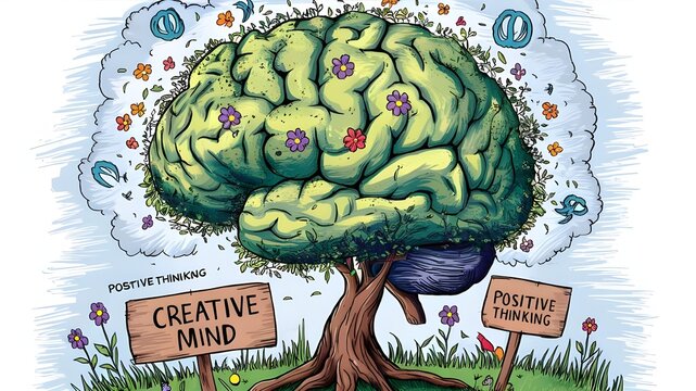 Human brain tree with flowers, positive thinking and mental health concept, creative mind leadership.