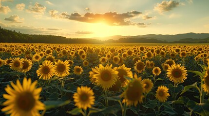 Obraz premium Sunflower Field at Sunset, Golden Sunflowers with Warm Sunlight