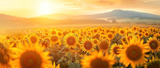 Fototapeta premium Sunset in Sunflower Field, Vibrant Yellow Flowers and Warm Light