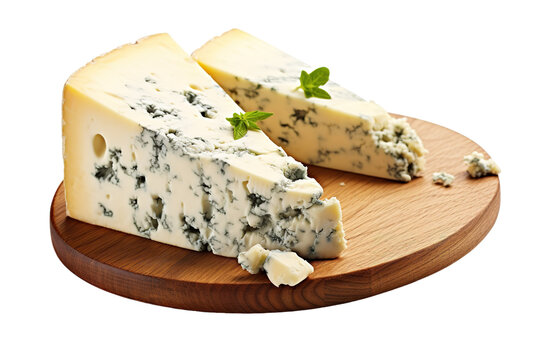 A Delectable Wedge of Blue Cheese on a Wooden Board. on a White or Clear Surface PNG Transparent Background.