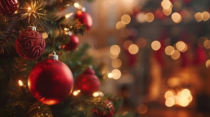 Close-up of red Christmas ornaments hanging on a tree, surrounded by twinkling lights and festive decorations.