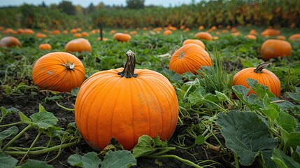 Pumpkin Field in Autumn, Orange Pumpkins Growing on Green Vines