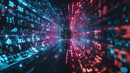 Futuristic Digital Tunnel with Glowing Red and Blue Data