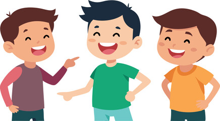 Three boys standing together and talking, sharing a moment of friendship and laughter