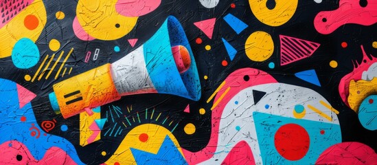 Colorful Abstract Graffiti Art with Megaphone on Black Background - Vibrant Urban Street Art