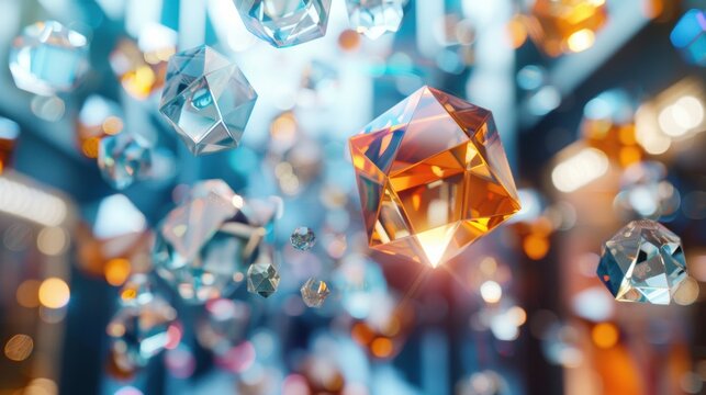 Geometric crystals floating in mid-air, surrounded by bokeh lights, creating a magical and ethereal visual experience.