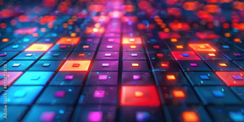Poster vibrant digital grid with glowing squares in neon colors, creating a futuristic and dynamic abstract