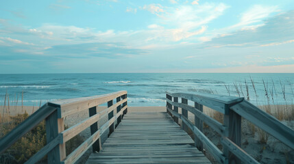 Ocean stretches out before a wooden boardwalk 