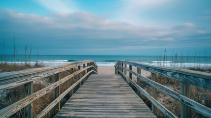 Ocean stretches out before a wooden boardwalk 
