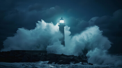 Ocean waves crashing against lighthouse at night 