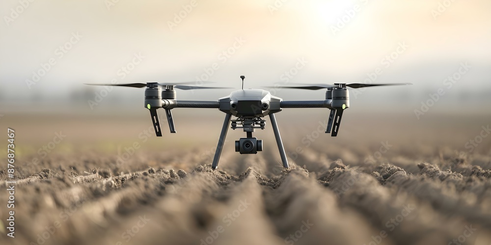 Poster operating in an agricultural field an advanced autonomous robot drone with sensors. concept agricult
