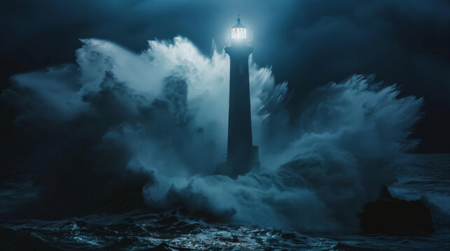 Ocean waves crashing against lighthouse at night 