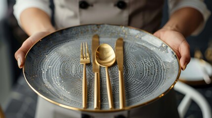 Obraz premium Woman in uniform holding a plate with golden cutlery on it, a close-up of hands and silverware