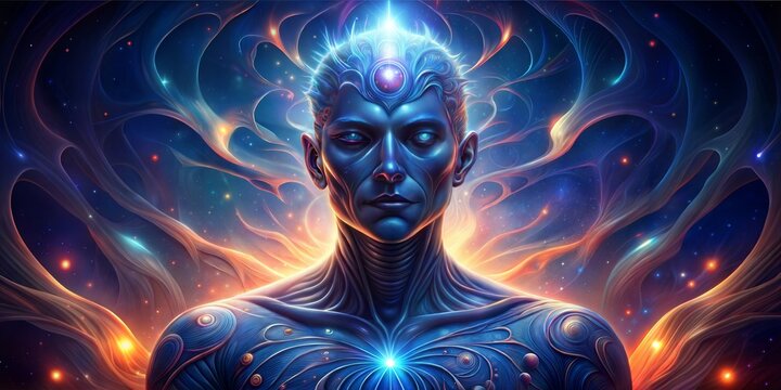 man in a deep space with glowing neon lights