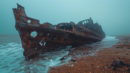 Naklejka premium A large, rusty shipwreck lies on a foggy beach at dawn, creating an eerie and atmospheric scene by the sea.