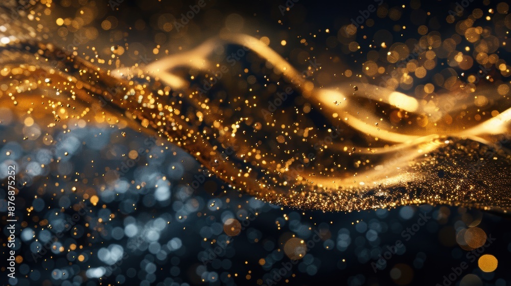 Poster golden particles scatter in flowing, abstract waves against a dark background, creating a dynamic an