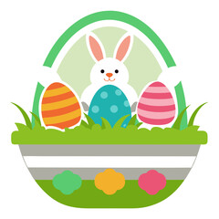 Charming Easter Basket Die Cut Sticker Eggs and Bunnies on Green Grass - White Background