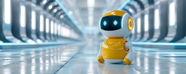 A yellow robot stands in a futuristic corridor.