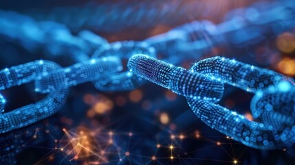 Close-up of digital blue chain links with glowing network nodes, symbolizing blockchain technology and interconnected systems.