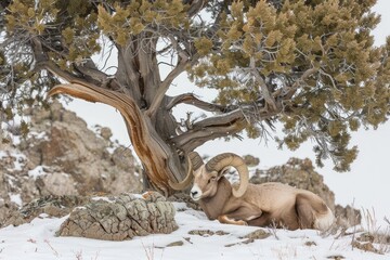 Obraz premium A bighorn ram lies down on a daybed in the snow beneath a juniper tree in the Wind River range of Wyoming.