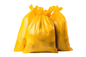 A Trio of Bright Yellow Trash Bags Ready for Disposal. on a White or Clear Surface PNG Transparent Background.