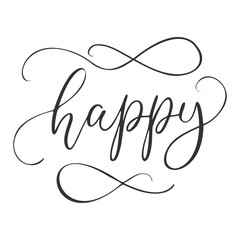 Inscription Happy calligraphic text for decoration and design of holiday and congratulations, isolated on white background.