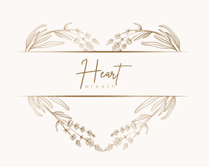 Hand drawn gold floral heart wreath and leaves. Flower branch botanical frame for monogram, wedding logo, invitation, postcard, and more. Vintage ornament illustration isolated on white background.