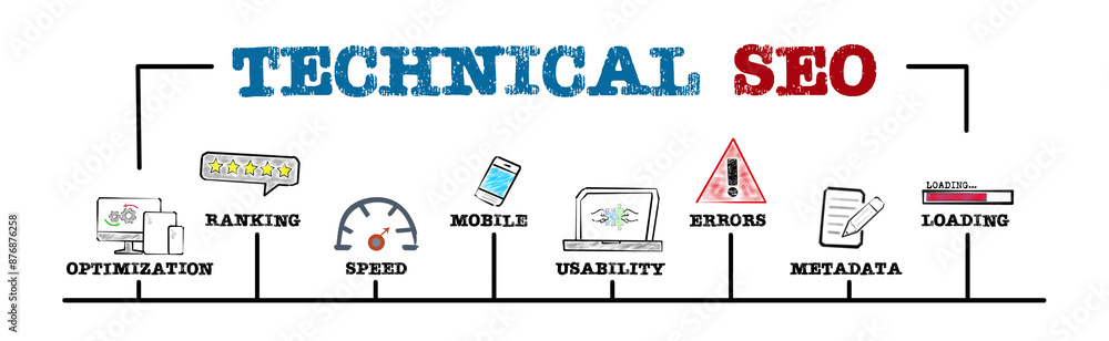 Canvas Prints technical seo concept. illustration with keywords and icons. horizontal web banner