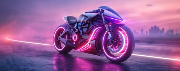 Futuristic motorcycle with glowing neon lights on a city road.