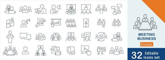 Business Meeting Essentials simple line  icon set. containing business meeting, teamwork, training, Agenda, Goal Setting, Presentation, Flat Design and more vector icons
