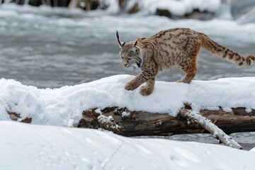 Obraz premium A bobcat in Yellowstone National Park works her way across a snow covered log at the edge of a river.