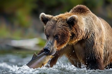 A brown bear catches a salmon in the river