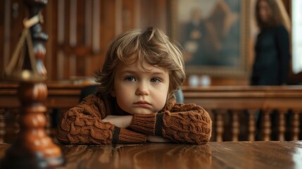 Cute child and mother at table with gavel of judge blurred in background, family law concept