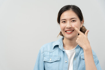 plastic surgery, beauty asian smile and happy after surgery, surgical procedure that involve altering shape of nose, doctor examines patient nose before rhinoplasty, medical assistance, health.