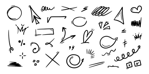 Hand drawn underlines, speech bubbles, arrows, strokes. Sketch emphasis by pen, pencil or marker Vector design elements set.