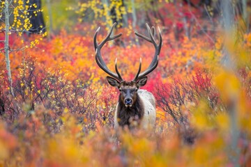 A bull elk partially hidden in brightly colored alders during the autumn rut