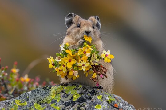 A collared pika in the alpine area of the Talkeetna Mountains above Hatcher Pass in Alaska, sits on a boulder with a mouth full of freshly gathered tundra flowers for his haypile cache