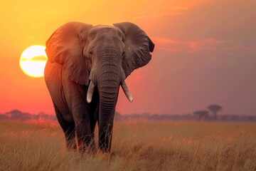 Fototapeta premium A giant female African elephant (Loxodonta africana) at sunset showing trunk as an aggressive signal